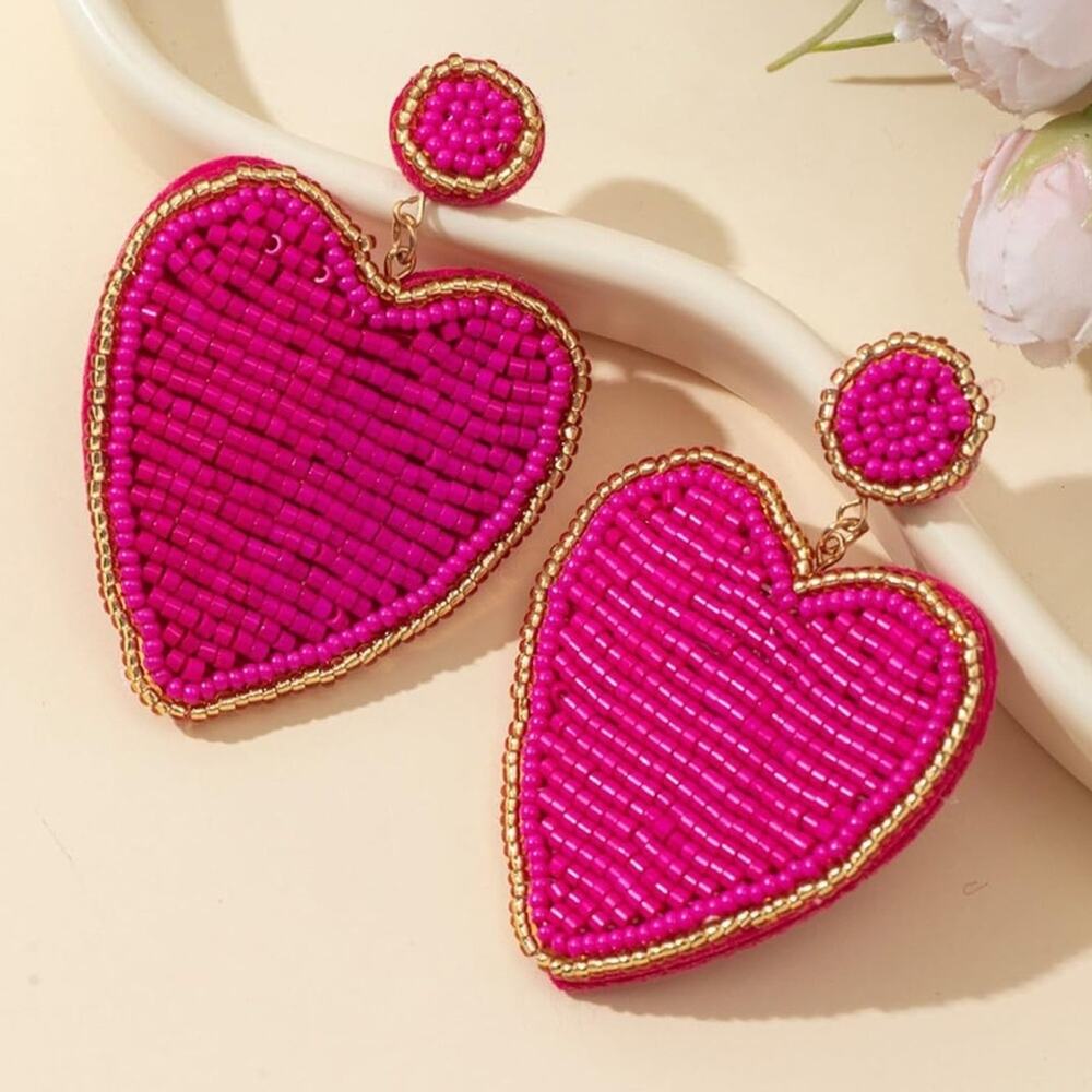 Pink Seed Bead Heart Earrings